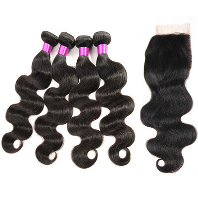 

SQ Hair 8A Indian Virgin Hair With closure Brazilian Body Wave 4 Bundles With Closure Human Hair Bundles With Lace Closure