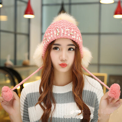 

Winter Lady Knit Cap Individual Pearl Hat Big Hair Ball Knit Cap Holder Hat