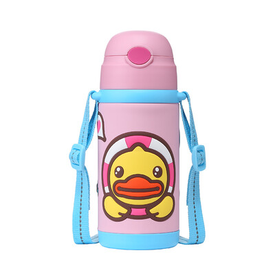 

BDUCK small yellow duck childrens mug stainless steel vacuum double handle strap sippy cup insulation cup kettle 420ml pink 6081TM
