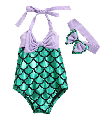 

2PCS Kids Girls Mermaid Swimsuit Bikini Set Bow Headband Swimwear Swim Costume