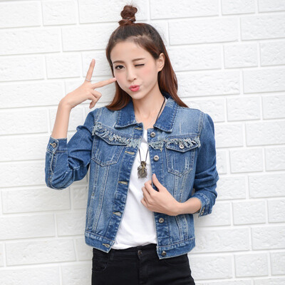 

2017 fashion autumn break, white denim short coat, long sleeved women's jacket, Korean version of slim black jeans blouse