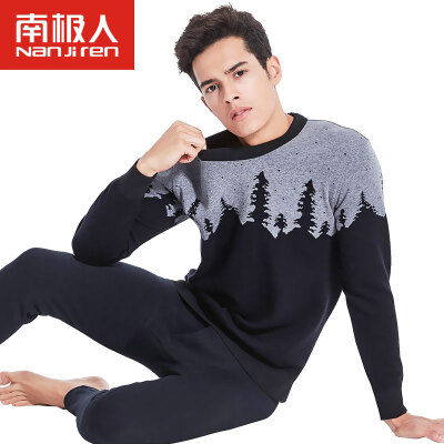 

Antarctic thermal underwear men&39s round neck prints plus velvet thickening underwear Slim winter youth fashion autumn clothes autumn pants suit male gray red stripes L