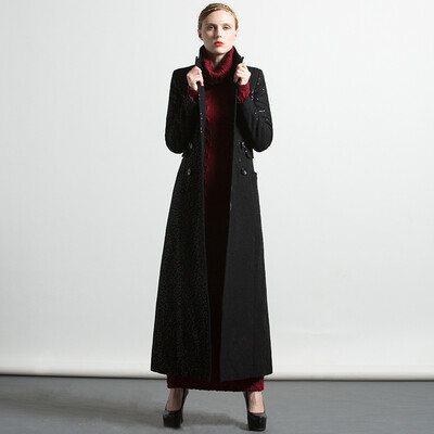 

DF · RS Black woolen coat coat 2017 autumn and winter new long section Slim simple wool coat female