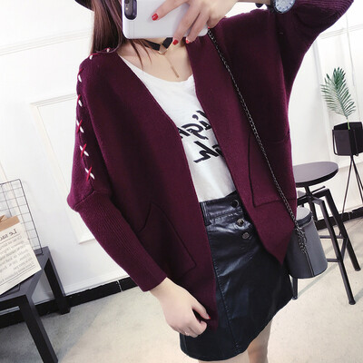 

2017 autumn and winter new quality sweater women's bat sleeves solid color tie women's sweater autumn coat