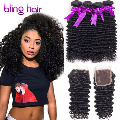 

Bling Hair Brazilian Virgin Hair Deep Wave 4 Bundles with Middle Closure 7A Grade 100% Unprocessed Human Hair Weave
