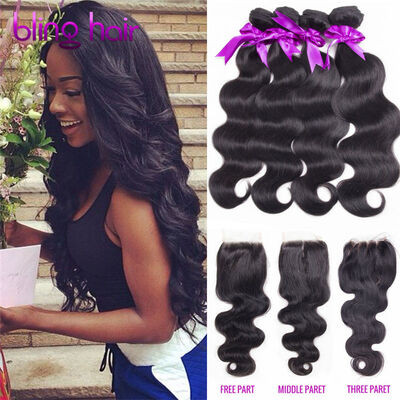 

Bling Hair Brazilian Virgin Hair Body Wave 4 Bundles with Closure 7A Grade 100 Unprocessed Human Hair Weave