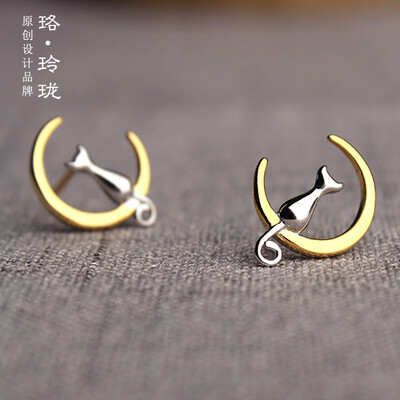 

Luo Linglong s925 sterling silver cat earrings earrings anti-allergy simple temperament personality fresh retro handmade original