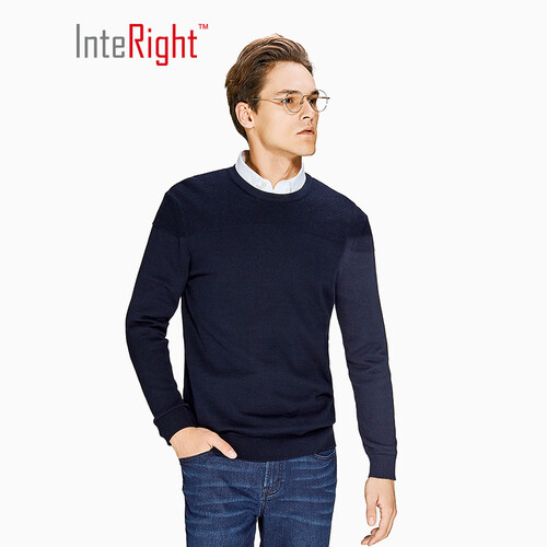 INTERIGHT 全棉净色暗提花圆领男士毛衣针织衫 深蓝 XL码