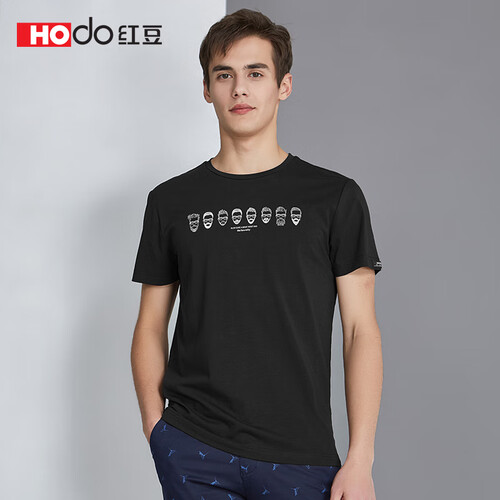红豆（Hodo）男装 T恤男卡通头像印花微弹棉氨混纺标准短袖T恤 S1黑色 175/92A