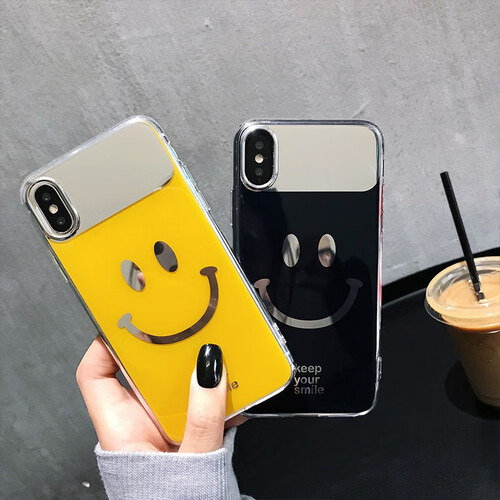 联诚达 苹果7plus手机壳iPhonex创意女款xsmax补妆8plus硅胶6s手机套笑脸情侣XR 黄色笑脸 小镜面透明边 苹果6P/6SP