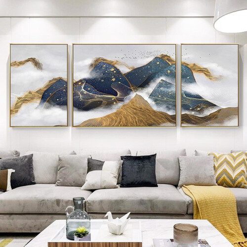 墨派 客厅装饰画现代简约沙发背景墙三联画卧室壁画玄关餐厅挂画办公室书房山水画 钟灵毓秀 黑色边框中间100*100两边50*100cm
