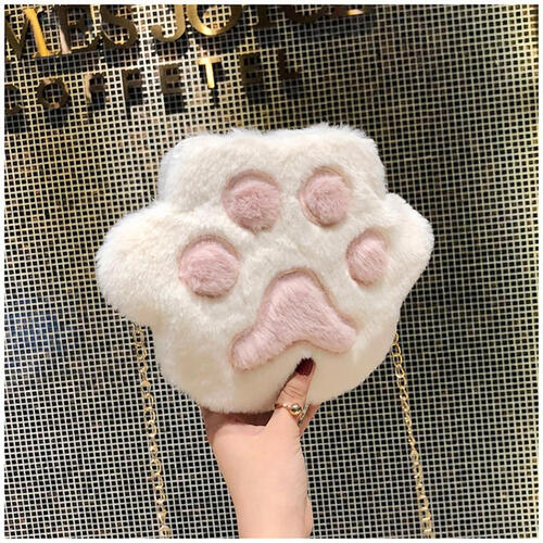 脸蛋新品秋冬女包韩版日系少女可爱毛绒萌猫爪小包链条单肩斜挎包zy 白色