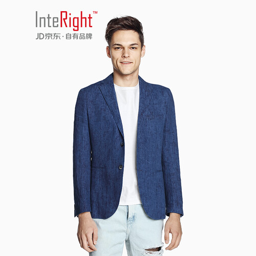INTERIGHT 亚麻 时尚水洗 男士休闲西装外套  藏青色 L码