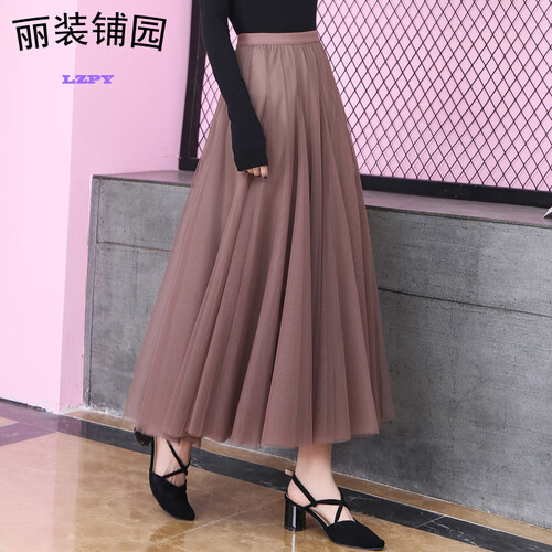 丽装铺园网纱半身裙女2019秋季新款韩版高腰百褶纱裙仙女a字长裙958 香槟色 均码