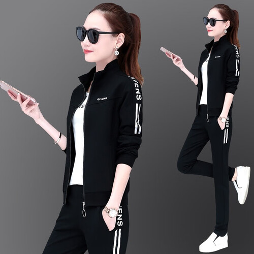 伊卡茵 运动套装女春秋三件套2019新款时尚运动服立领卫衣女运动裤休闲套装女外套运动衣健身服大码潮 黑色 女-XL  体重110-123斤