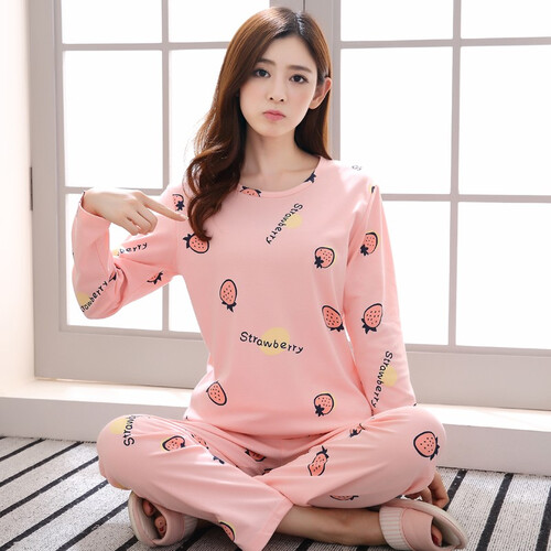 睡衣女秋冬长袖纯棉季韩版女士可爱卡通女生家居服两件套装 草莓—女长套 M（80-100斤）