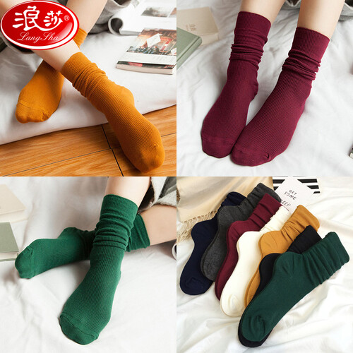 浪莎堆堆袜子女棉袜高筒5双装春夏纯色韩版森系复古学院风百搭潮棉长袜 堆堆袜：墨绿+姜黄+酒红+酒红+军绿 均码