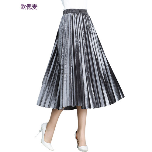 欧偲麦 金丝绒半身裙中长款秋季高腰春秋半身长裙女士百褶裙学院风a字裙一步SLS-9540 灰色均码（1尺8-2尺5）
