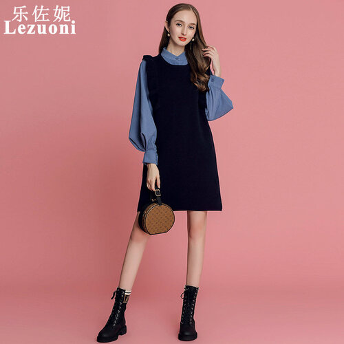 乐佐妮针织连衣裙套装女毛衣衬衫两件套2019春季名媛小香风灯笼袖背心衬衣裙 蓝色+深蓝色 XL