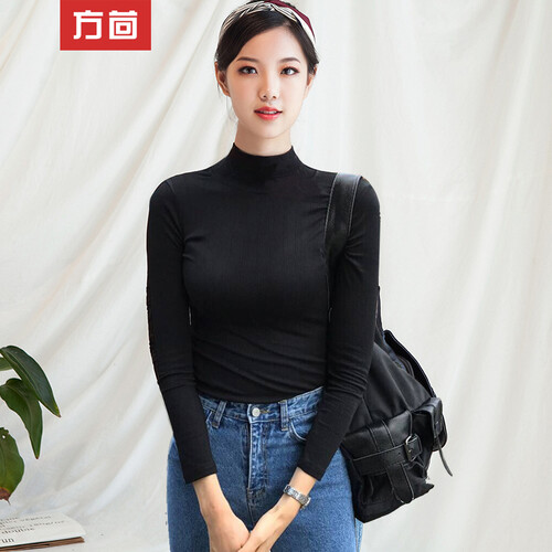 方茴2019冬新款半高领长袖T恤女纯棉中领加绒加厚打底衫修身紧身纯色百搭上衣 黑色 L