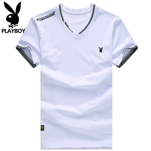 花花公子（PLAYBOY）短袖t恤男 2019夏季男装新款男生休闲纯色纯棉半袖上衣潮牌透气衣服男 白色短袖丨兔头绣花款 180/XL