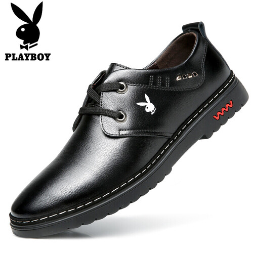 花花公子（PLAYBOY）皮鞋新品百搭男士真皮商务休闲鞋结婚男鞋韩版一脚蹬系带镂空皮鞋子低帮轻便鞋靴 黑色 41