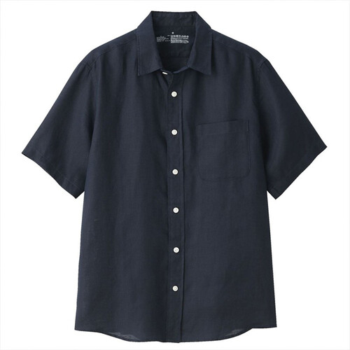 无印良品 MUJI 男式 亚麻水洗 短袖衬衫 海军蓝 M