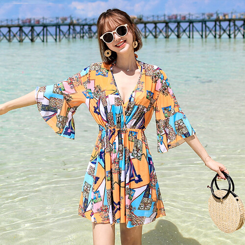 宜肤比基尼泳衣女三件套韩国温泉分体平角保守遮肚性感显瘦游泳装 桔色 M