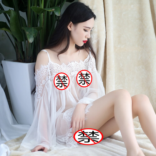 媚火 女士性感睡衣女夏季蕾丝情趣吊带睡裙长袖网纱薄透明套装家居服宽松大码内衣 白色 均码(80-130斤)