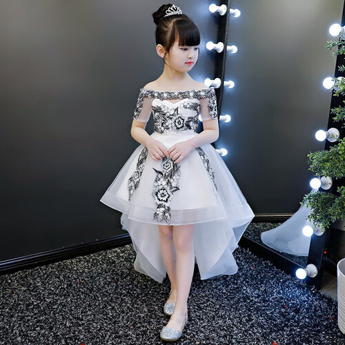 女童礼服公主裙花童蓬蓬裙女孩小主持人儿童生日晚礼服舞台表演服 白色  前短后长 120cm