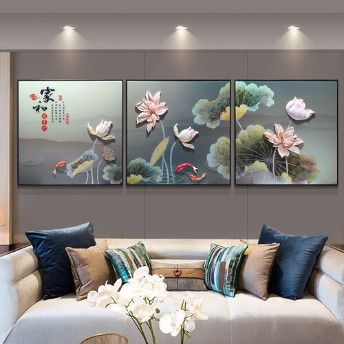 客厅装饰画卧室浮雕壁画新中式家和富贵三联沙发背景墙餐厅挂画 多彩家和【烤瓷】 70*70
