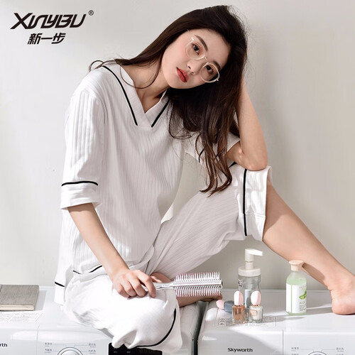 新一步（XINYIBU）清仓睡衣女夏季新品薄款短袖纯棉大码套装女士可外穿中年妈妈家居服 8873白 XL(170/95)