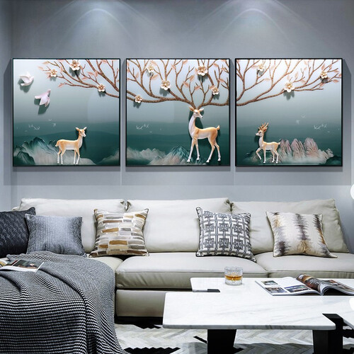 现代简约客厅装饰画餐厅壁画3d立体浮雕挂画发财鹿三联画沙发背景墙 巅峰福鹿【冰晶】 70*70