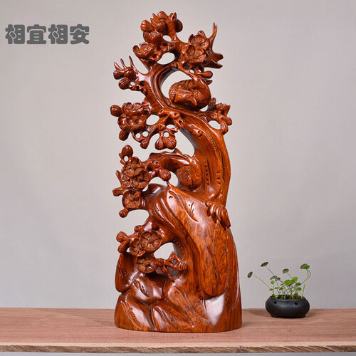 花梨木雕喜上眉梢摆件红木雕刻动物工艺品家居客厅装饰品收藏实木生肖摆设 生日商务乔迁礼品 红木雕刻摆件 整木精雕喜上眉梢高：60cm