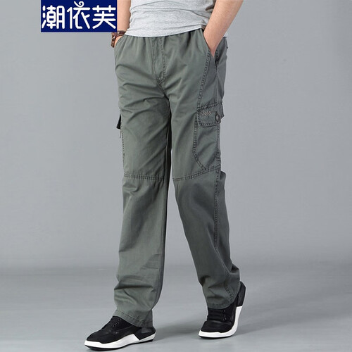 潮依芙 休闲裤男宽松加肥加大男裤多口袋刺绣字母工装裤男肥佬裤经典直筒长裤运动胖子阔腿裤子男 军绿色 XL码（150-175斤）