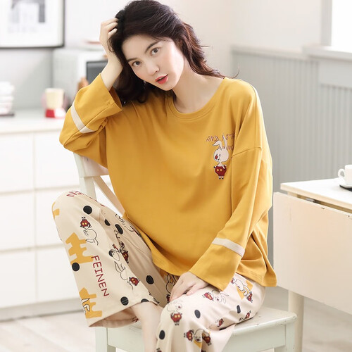懒韵 睡衣女春秋长袖纯棉薄款卡通可爱韩版家居服套装可外穿 me6878-爆款 (165-L)100斤-125斤