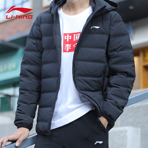 李宁羽绒服男外套男装短款运动轻薄保暖连帽棉上衣 -2 标准黑 L-175