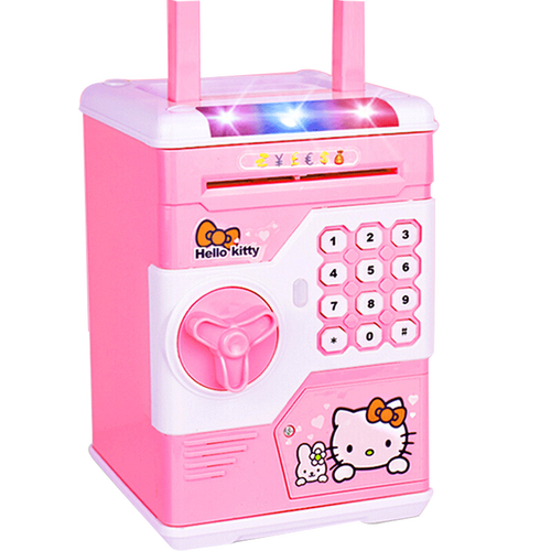 卡通电子存钱罐送小女孩子小朋友生日礼物创意密码箱音乐盒儿童储蓄罐ATM机儿童节小孩子礼物 粉色KT猫 手提七彩灯存钱柜