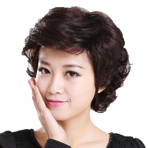 恒发 假发女 真发假发包邮短卷发蓬松真人发丝修脸全真发化疗可用 妈妈假发头套逼真 深棕色（全真发+手织递针头旋+打理五件套）大码