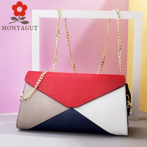 梦特娇 MONTAGUT 女包链条单肩包时尚晚宴斜挎包几何拼接 R2312020911 深蓝色