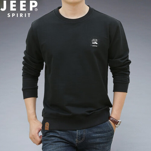 JEEP吉普2019春秋新品长袖T恤男士纯色休闲圆领外套时尚简约男装打底套头衫 黑色 L