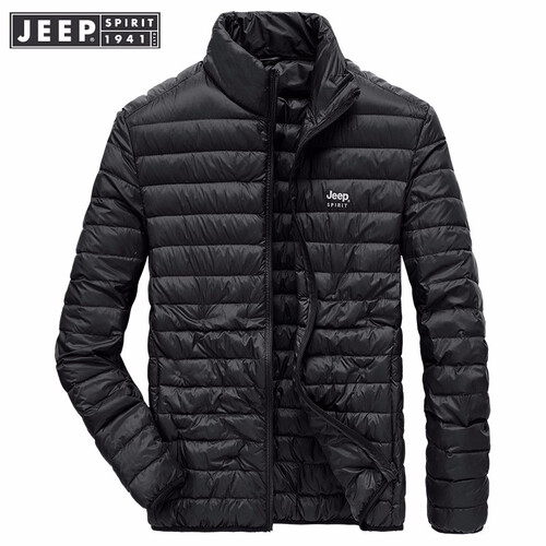 吉普(JEEP) 轻薄羽绒服男秋冬外套立领连帽保暖纯色宽松休闲外套短款羽绒衣男士 黑色(立领） L/175