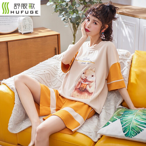 睡衣女夏季新品纯棉短袖短裤半袖纯色印花套装宽松夏天款韩版甜美可爱卡通时尚性感薄款少女学生家居服两件套 XG648 L(100-120斤)