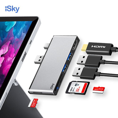 iSky微软 Surface Pro5/6转换器USB3.0转接头Mini DP转HDMI视频连接线HUB扩展坞笔记本电脑4K高清分线器 银色