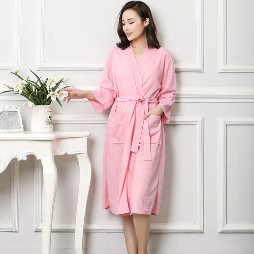 睡袍女浴袍男春夏季薄款华夫格情侣睡袍男女士夏天七分袖浴衣 1601女款粉色 M码 适合160 120斤以下