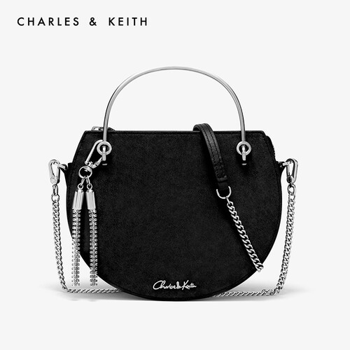 CHARLES&KEITH马鞍包SL2-50840118金属流苏装饰链条包单肩包 黑色 S