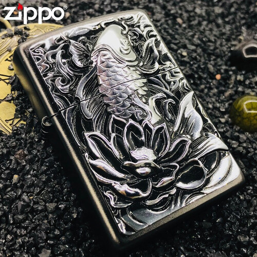 zippo美国芝宝打火机正版贴章个性定制刻字之宝煤油打火机男士防风点烟器 黑磨砂银色富贵鲤鱼 赠品皮套 单机