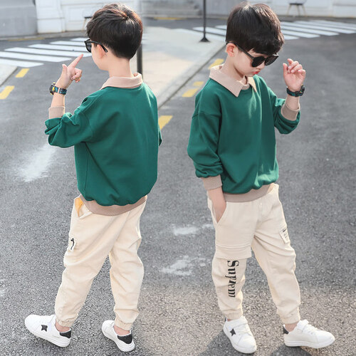 童装男儿童衣服秋季套装2019新款小学生男孩外套衣服长裤子中大童韩版帅气休闲运动两件套 绿衣米色裤子 140码（建议身高130-140cm左右）
