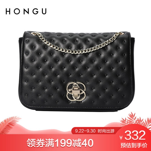 红谷HONGU单肩包女韩版潮流链条包牛皮斜挎小方包 H51706242漆黑