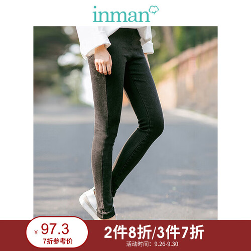 茵曼秋装洗水弹性显瘦铅笔裤牛仔长裤女装【1873331033】 午夜黑 28